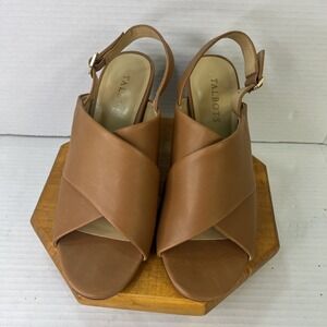 Talbots Open Toe Sandals Chunky Block Heel Brown Leather Slingback ‎ Size 8